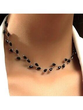 Necklace Choker Black Bead Dainty Trendy Onyx Crystal Elegant Simple Stylish